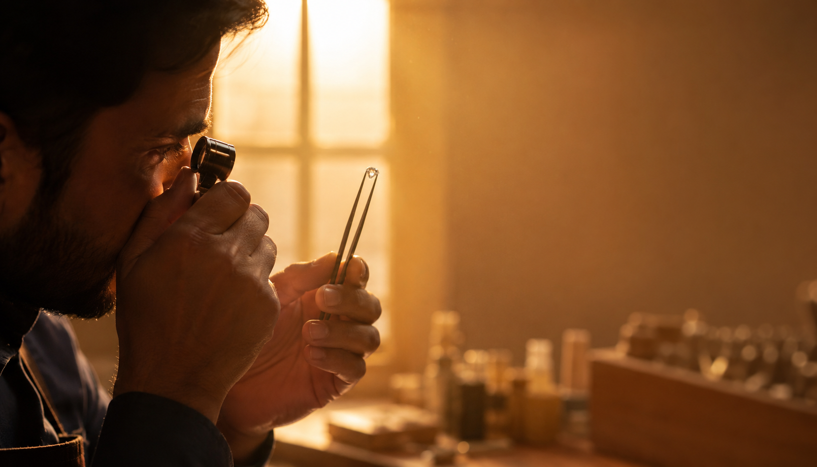 ANDOR expert jeweller inspecting a diamond with a loupe